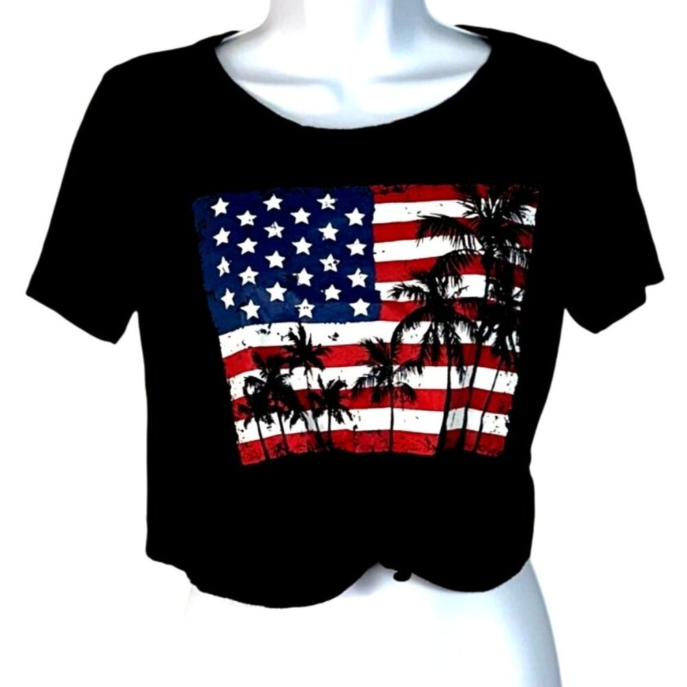 G Mini USA Black American Flag Palm Tree Patriotic 4th of July Graphic Crop Tee